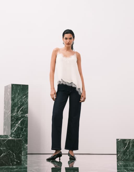 Mango - Cremehvid cami-top med blondekanter og asymmetrisk kant forneden i satin, 2 af 4
