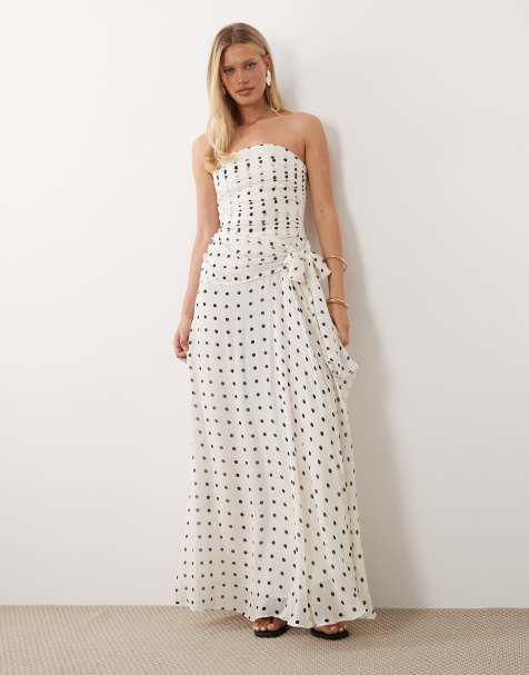 Mango - Cremehvid offshoulder-maxikjole med sorte polkaprikker - view 1