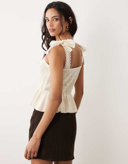Mango - Cremehvid top i bomuldsblanding med cutwork-detaljer og bindestropper, 2 af 4