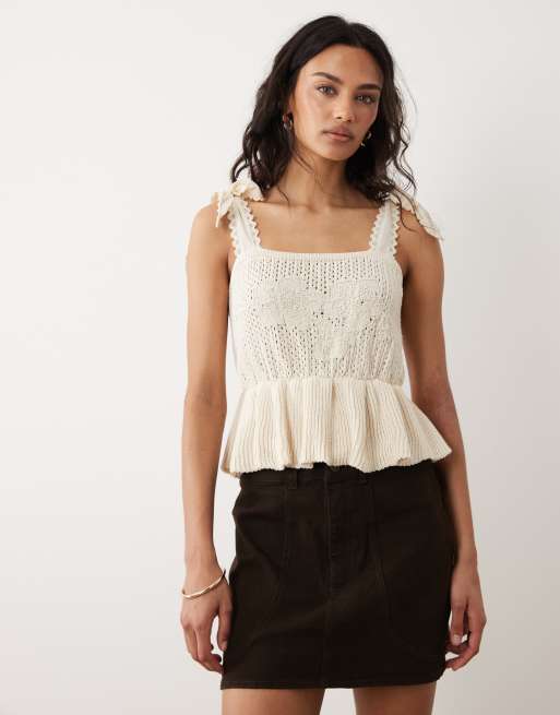 Mango - Cremehvid top i bomuldsblanding med cutwork-detaljer og bindestropper, 3 af 4