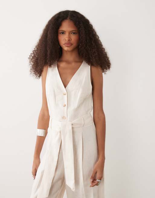 Mango - Cremehvidt jumpsuit med halterneck og bindebånd i taljen i hør, 2 af 4