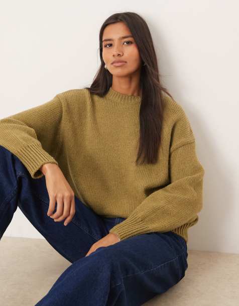 Mango crew neck chunky jumper in moss green - view 1