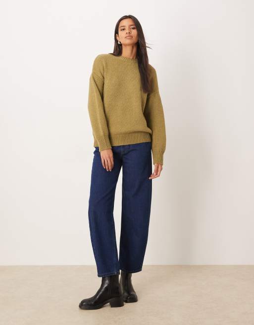 Mango crew neck chunky jumper in moss green, 2 of 4