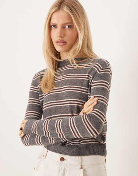 Mango crew neck knitted top in grey stripe