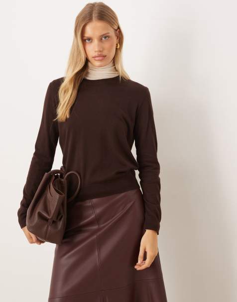 Mango crew neck lightweight sweater in chocolate - view 1