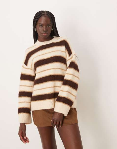 Mango crew neck sweater in beige stripe - view 1