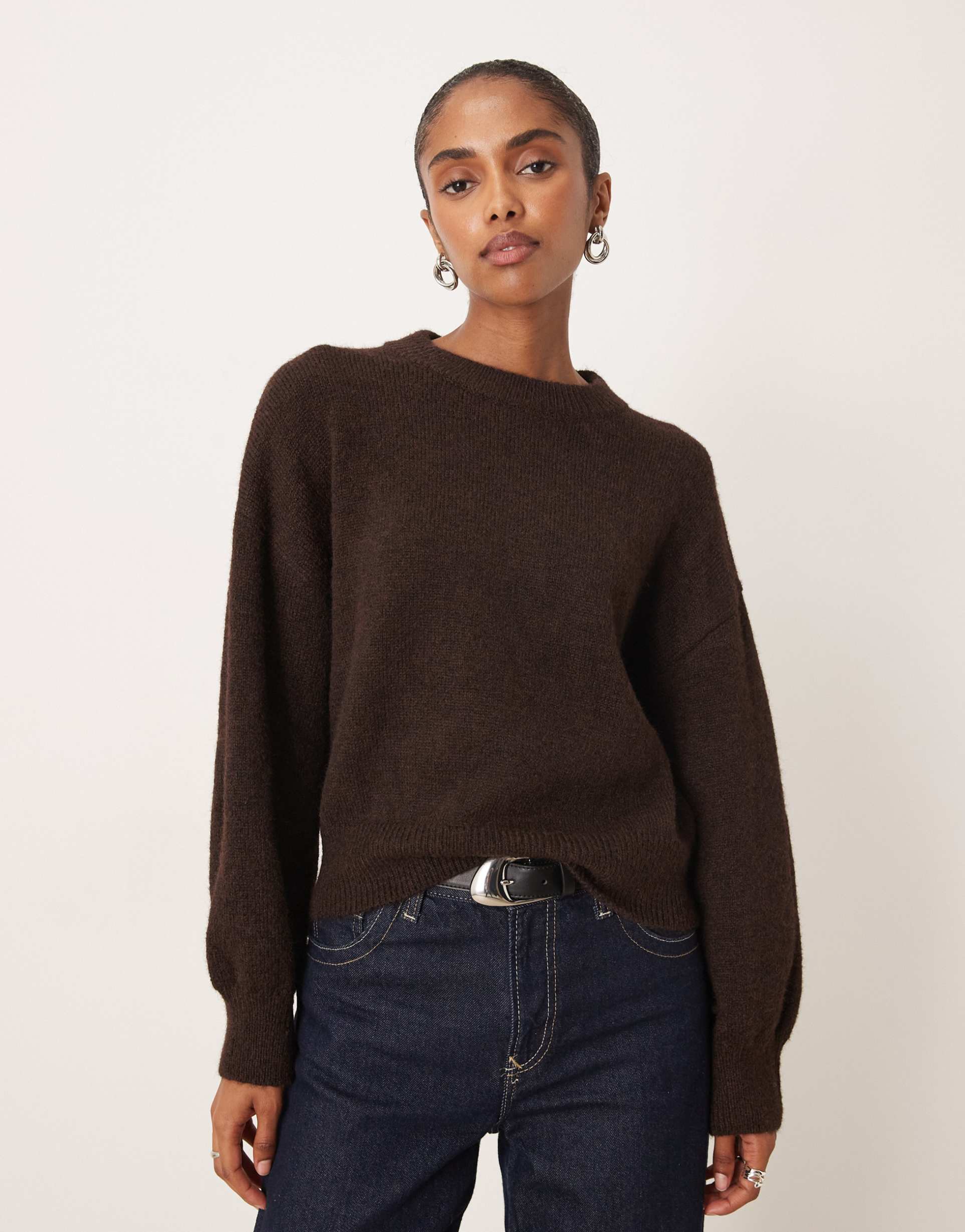 mango crew neck sweater in chocolate brown