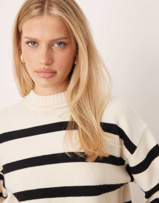Mango crew neck sweater in cream and white stripe, 3 of 4