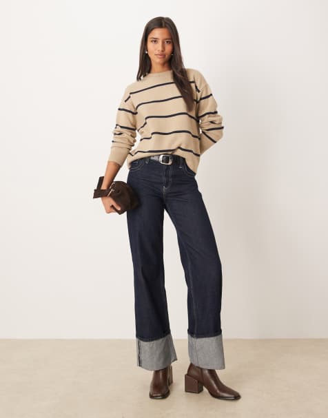 Mango crew neck sweater in light brown and black stripe - view 1