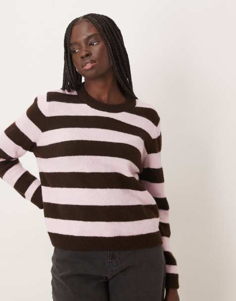 Mango crew neck sweater in pink and brown stripe - view 1