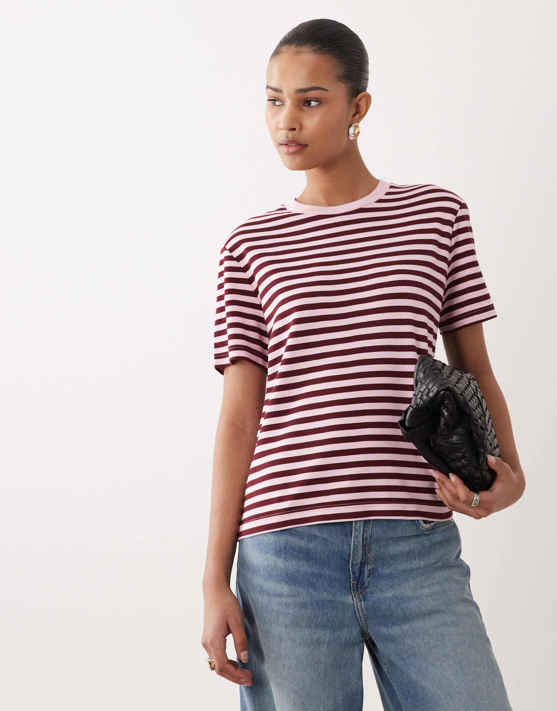 mango crew neck t-shirt in pink and burgundy stripe
