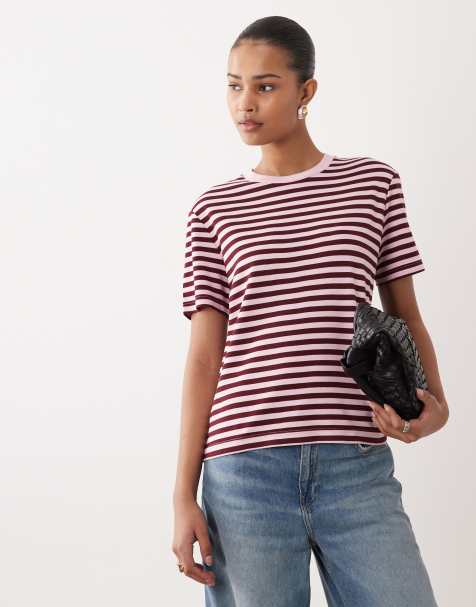 Mango crew neck t-shirt in pink and burgundy stripe