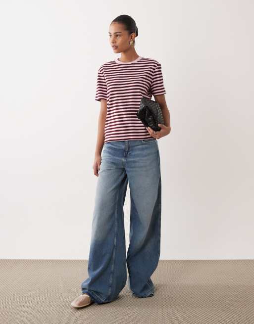 Mango crew neck t-shirt in pink and burgundy stripe, 2 of 4