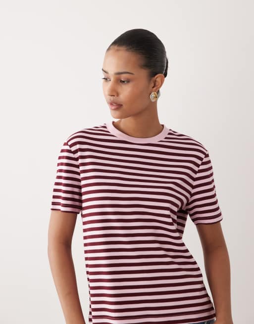Mango crew neck t-shirt in pink and burgundy stripe, 3 of 4