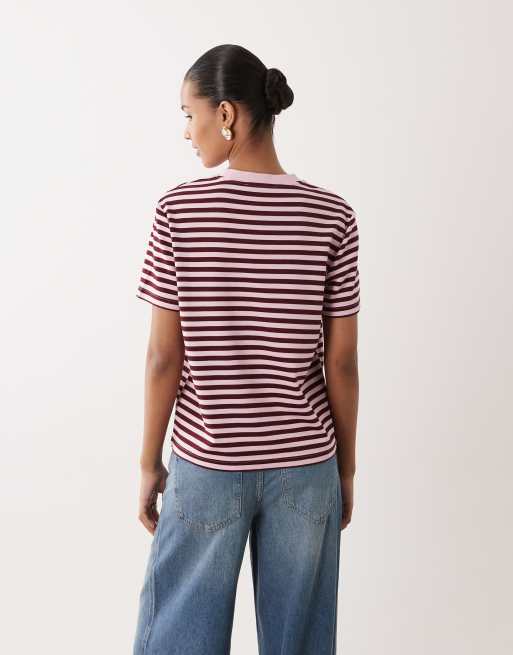 Mango crew neck t-shirt in pink and burgundy stripe, 4 of 4