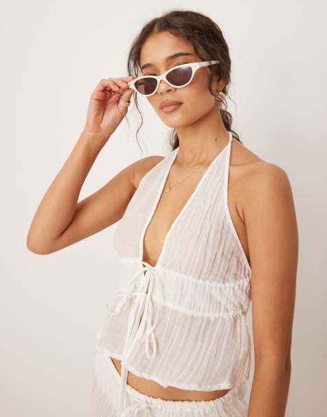 Mango crinkle tie front halter top co-ord in white