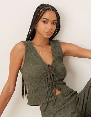 crinkle tie front vest in khaki green - part of a set