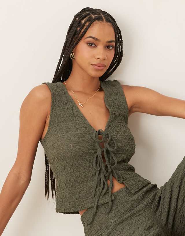 Mango crinkle tie front vest in khaki green - part of a set | ASOS