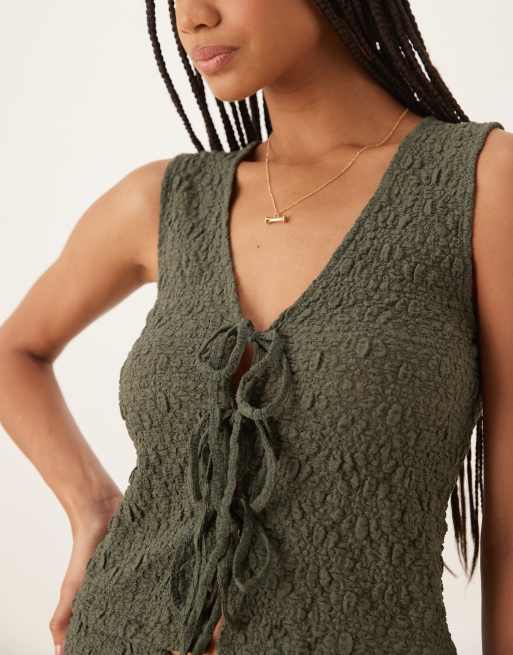 Mango crinkle tie front vest in khaki green - part of a set | ASOS