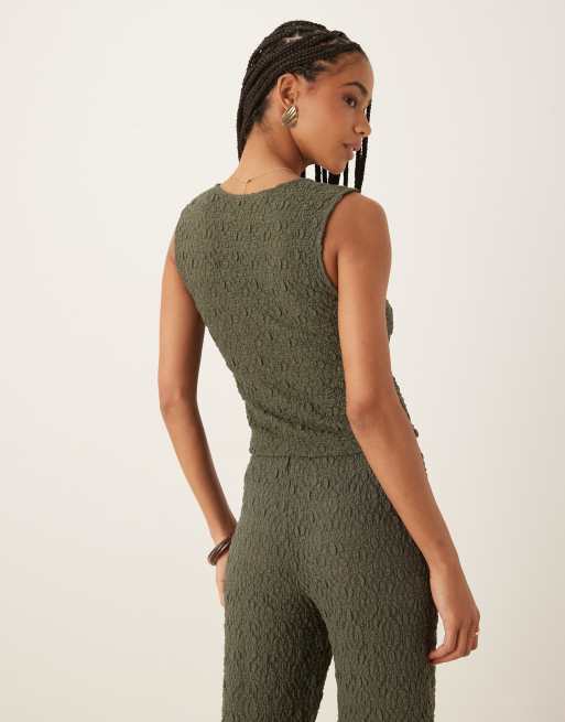 Mango crinkle tie front vest in khaki green - part of a set | ASOS