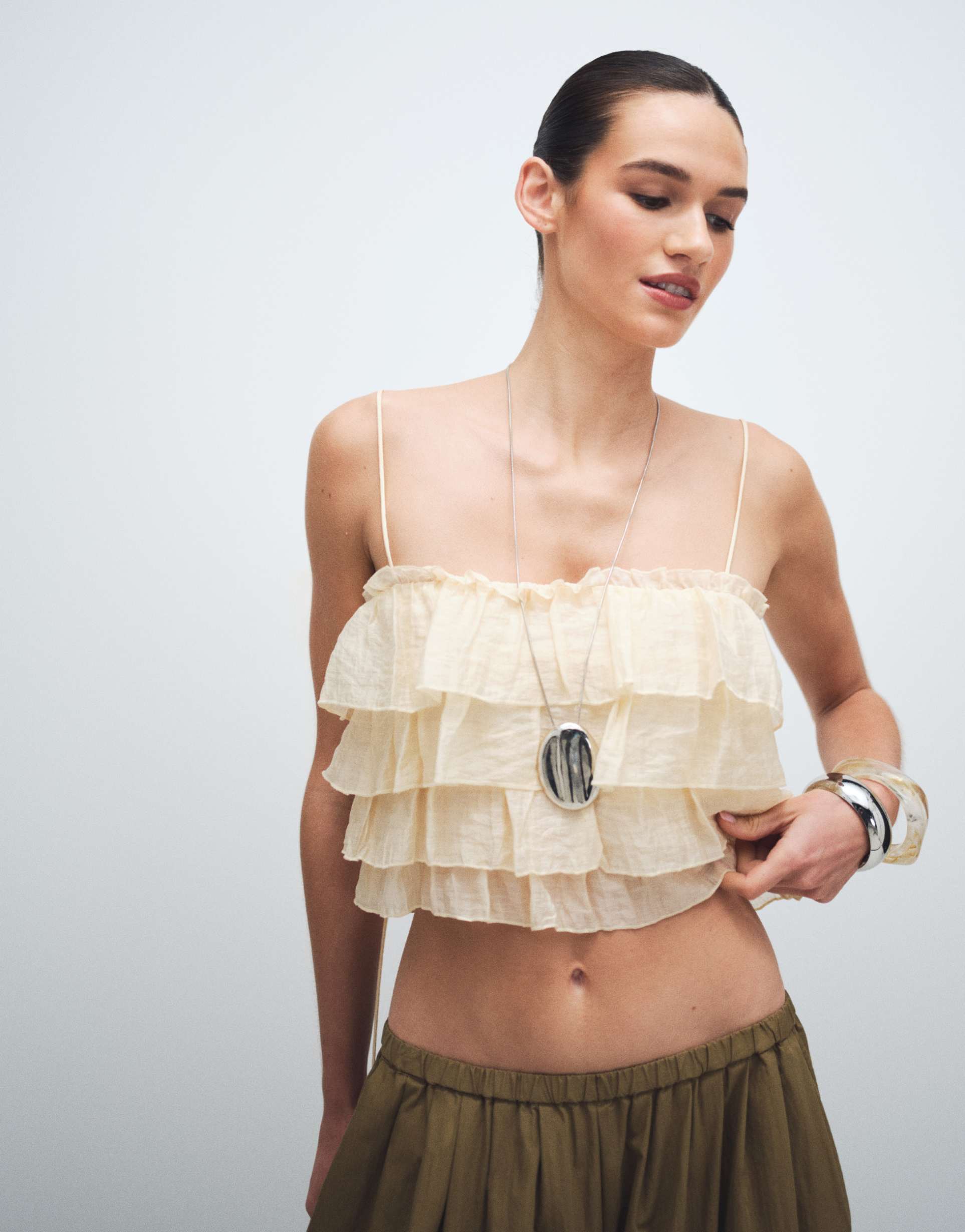 mango crinkle tiered cami top in beige