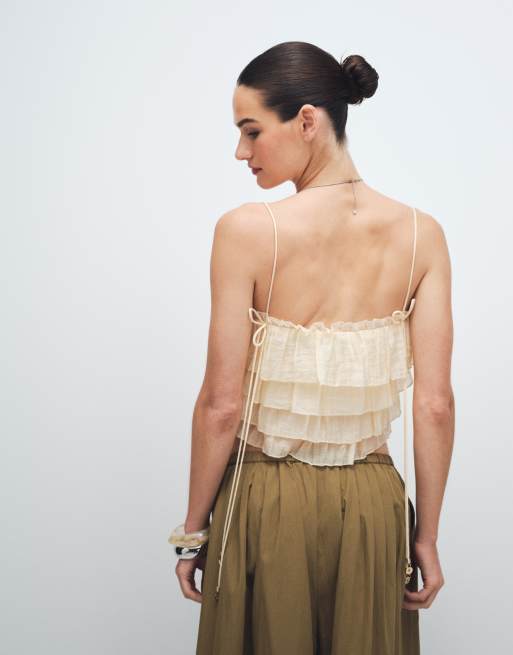 Mango crinkle tiered cami top in beige, 4 of 11