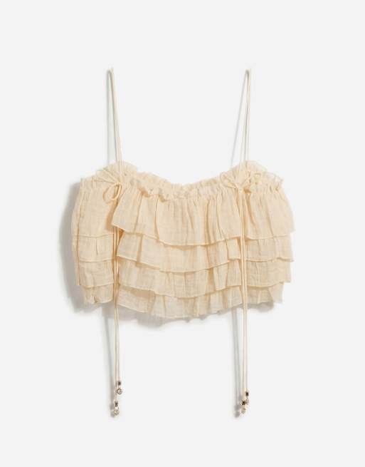 Mango crinkle tiered cami top in beige, 6 of 11