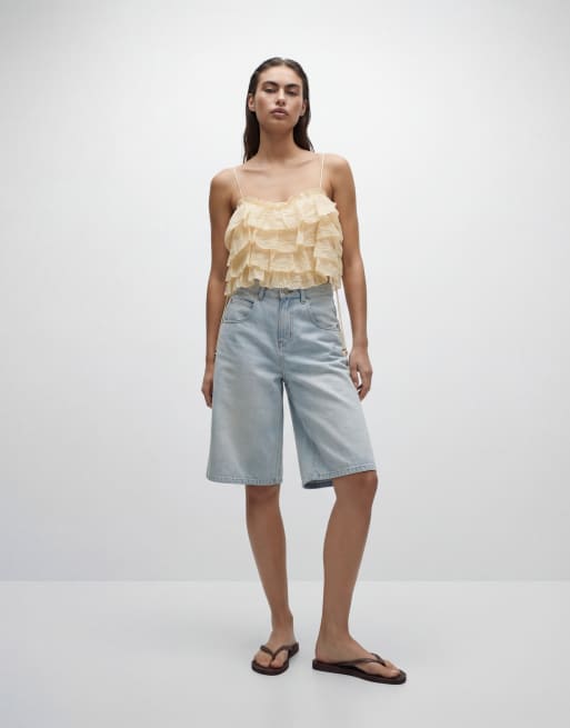 Mango crinkle tiered cami top in beige, 8 of 11