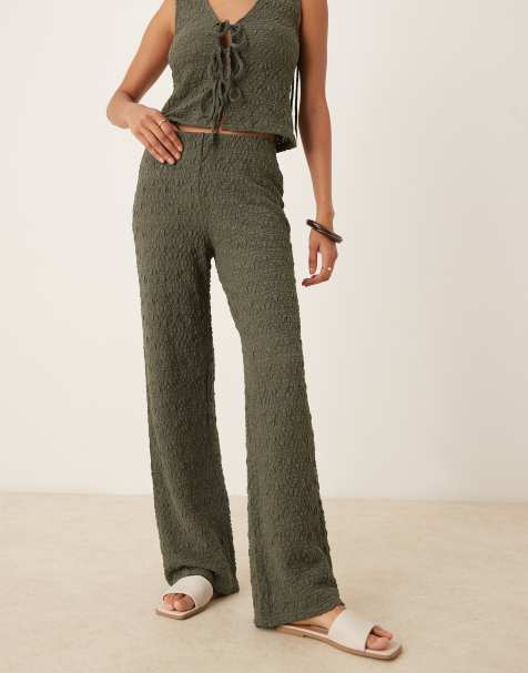 Mango crinkle wide leg trouser co-ord in khaki - view 1