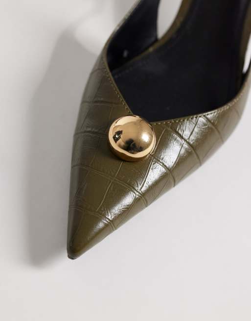 Mango croc court heel with embellishment in khaki, 2 of 4