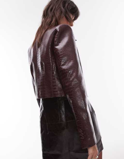 Mango croc detail leather look jacket in burgundy part of a set