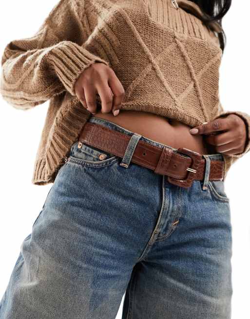 Mango croc square buckle belt in brown