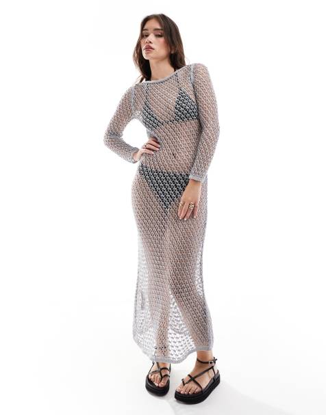 Mango crochet beach midi dress in silver - view 1