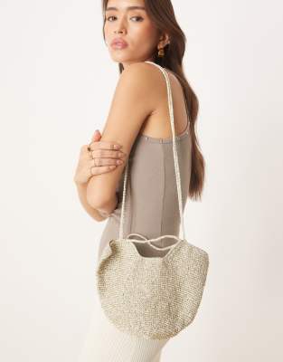 Mango Crochet Bucket Bag With Metalic Finish In Silver