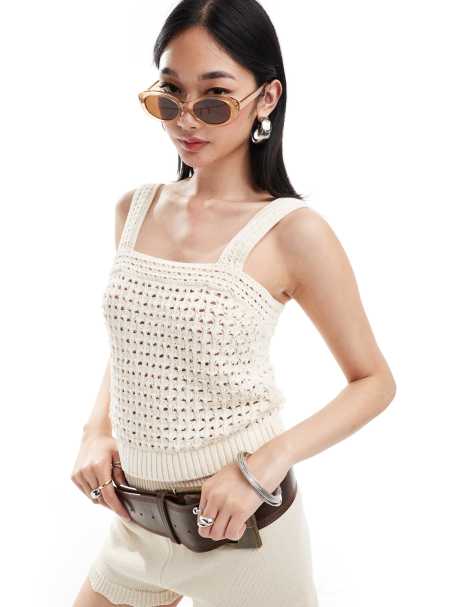 Mango crochet cami in beige - view 1