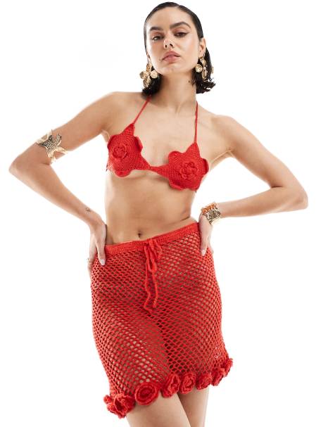 Mango crochet co-ord mini skirt with rose hem in red - view 1
