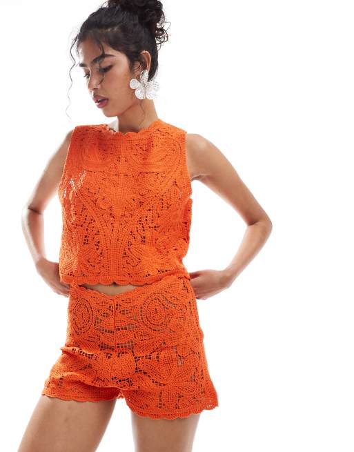 Mango Crochet Co Ord Shorts In Orange Asos