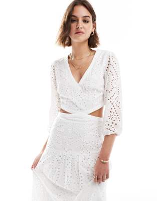 crochet detail cut out midi dress in white