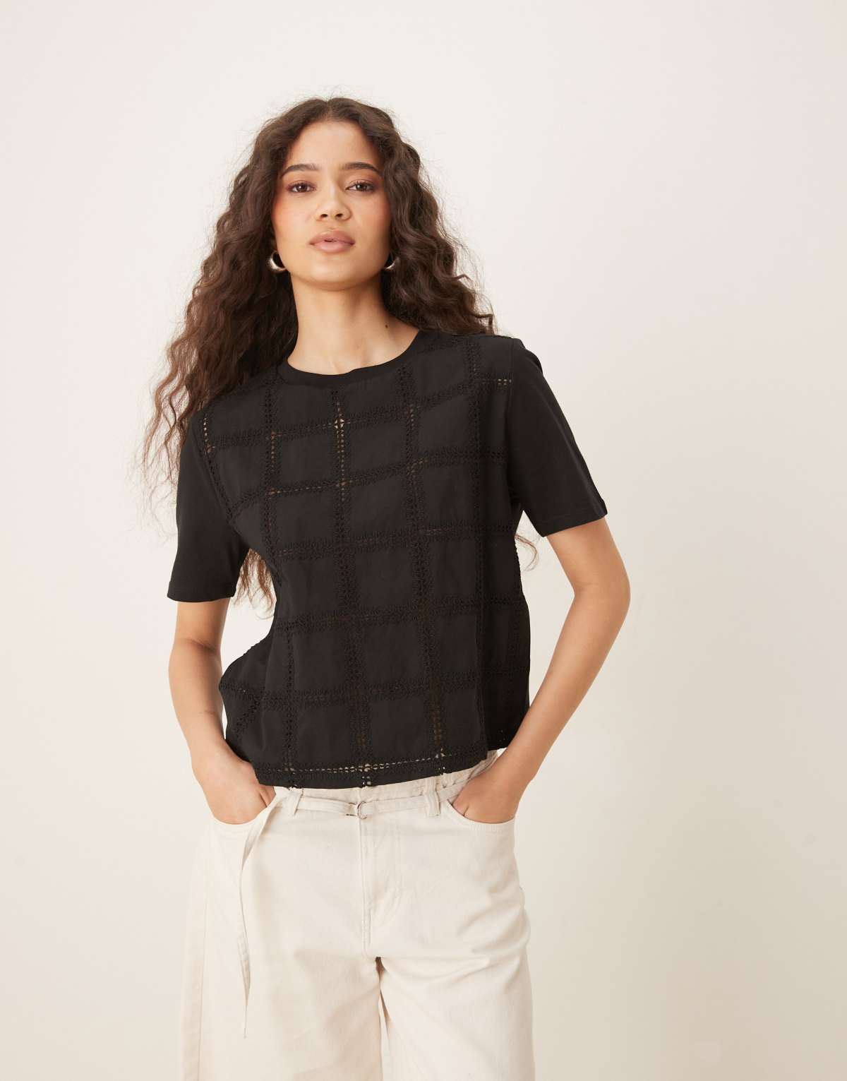 Mango crochet detail relaxed fit t-shirt in black