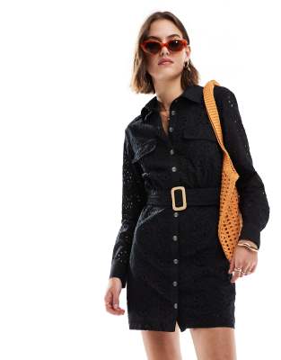 Mango Mango crochet detail shirt mini dress in black