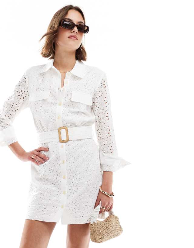 Mango - crochet detail shirt mini dress in white