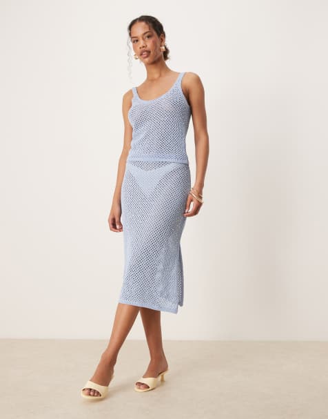Mango crochet  embelished vest midi skirt and co-ord in sky blue - view 1