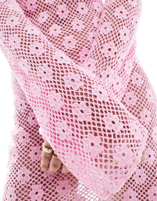 Mango crochet flower detail mini dress in pink | ASOS