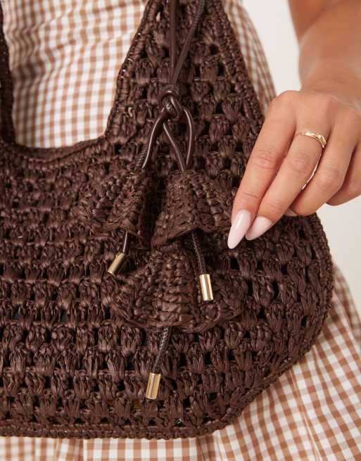 Mango crochet hand bag with flower charm detail in brown ASOS