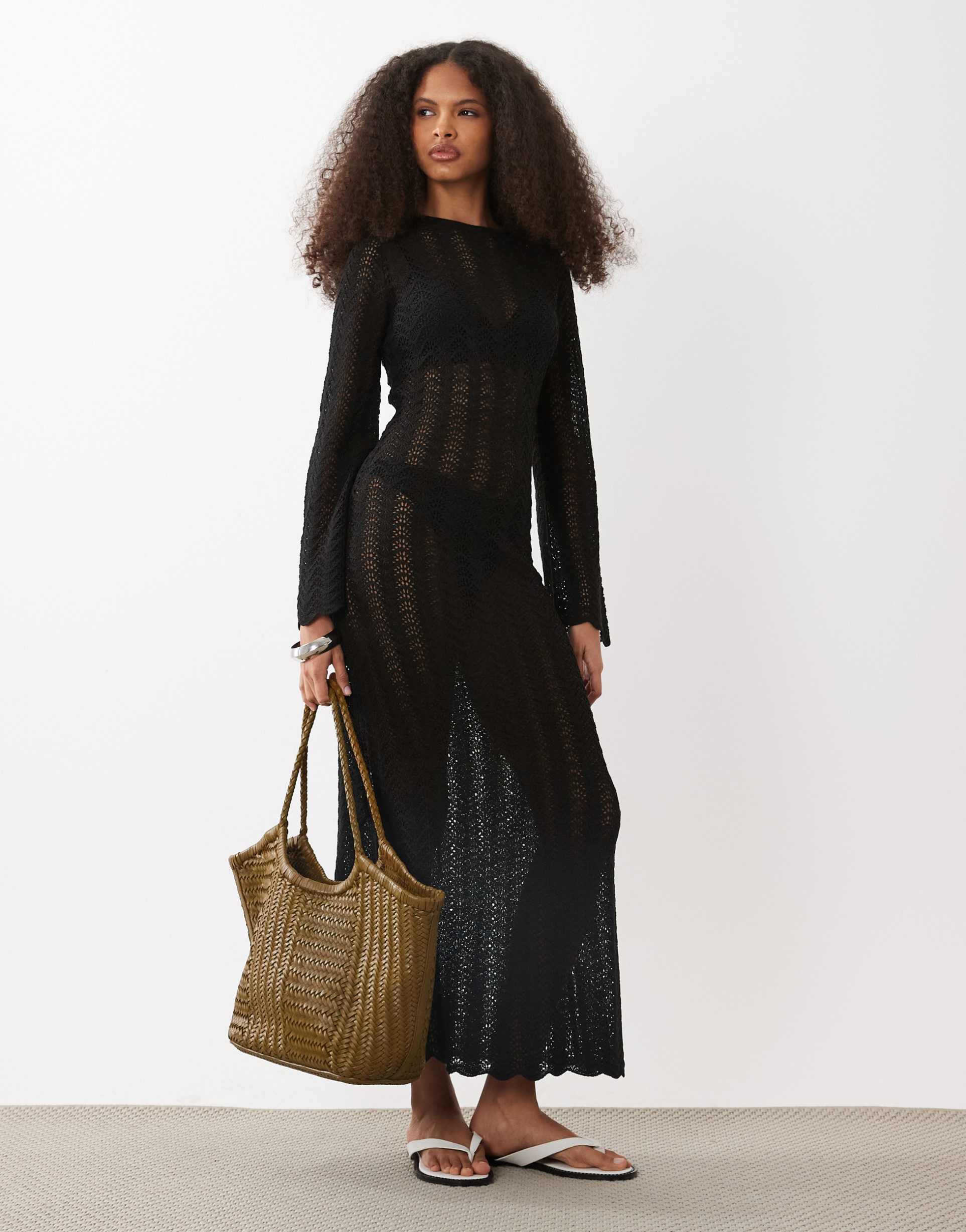 mango crochet knit long sleeve maxi dress in black