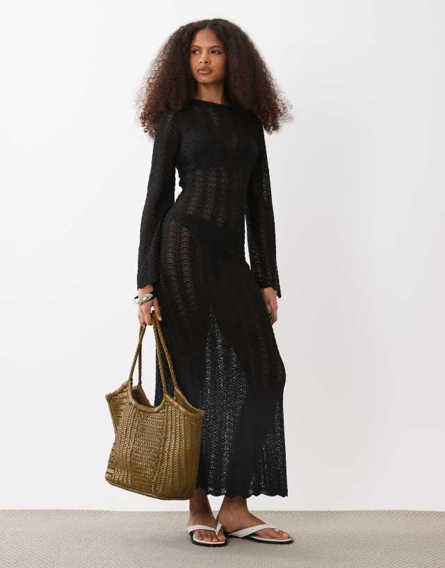 mango knitted maxi dress crochet knit long sleeve in black Best Sellers US
