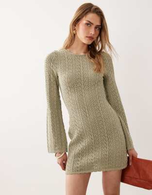 Mango crochet knit long sleeve mini dress with open back detail in pastel green