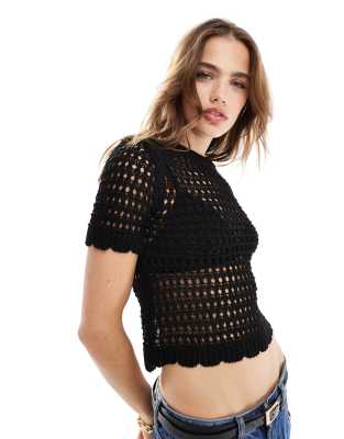 Mango Crochet Knit T-shirt In Black