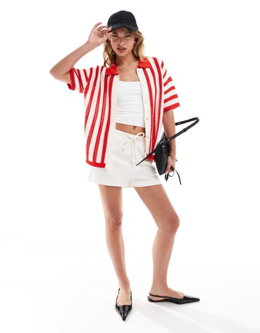 Mango crochet knit tipped top in white