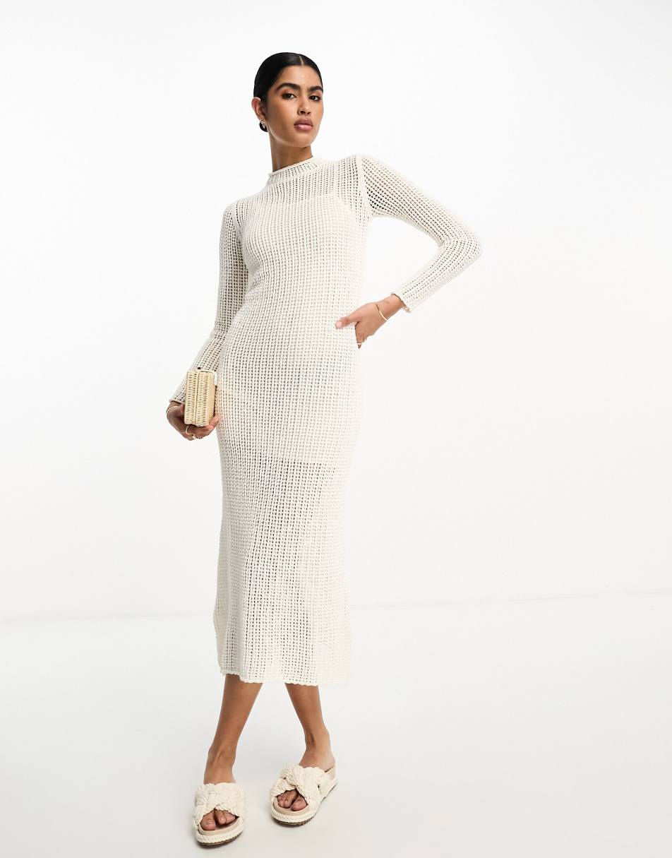 <b>Mango</b> crochet knitted midi <b>dress</b> in ecru , 1 of 4.